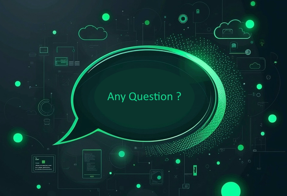 Green neon speech bubble on dark background containing the text 'Any Question?' surrounded by graphic elements such as stylized clouds and luminous particles evoking a digital environment