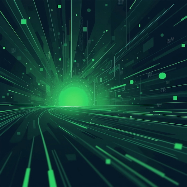 Futuristic representation of a digital tunnel with green luminous lines and particles converging to a bright central point on a dark background