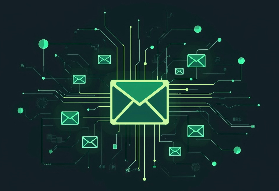 Central green luminous envelope icon connected to several small envelopes by printed circuit lines on dark background, illustrating an automated communication system