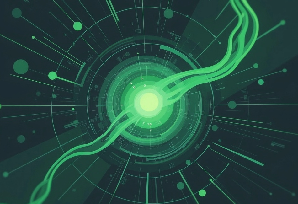 Abstract representation of a technological eye with a central green luminous circle crossed by a dynamic wave, surrounded by radiating lines and particles on dark background